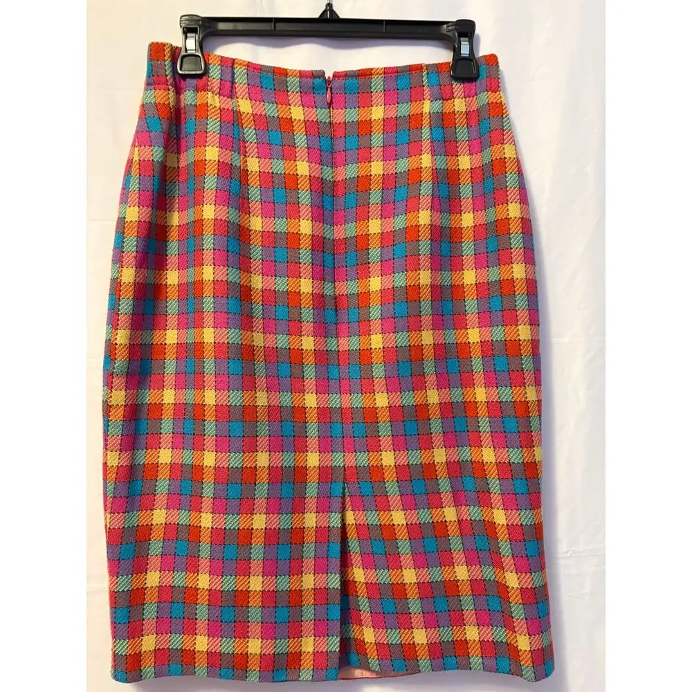 Vintage Yeats Midi Pencil Skirt Orange Blue Tweed Plaid Back Zip Sz 12